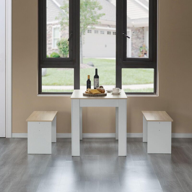 White Modern Wooden Dining Table With Two Benches, Three Piece Set, Writing Desk - Image 2