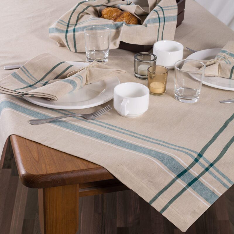 White and Teal French Striped Chambray Round Tablecloth 70 - Image 2