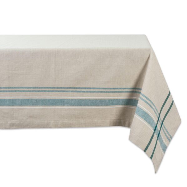 White and Teal French Striped Chambray Rectangular Tablecloth 60  x 84