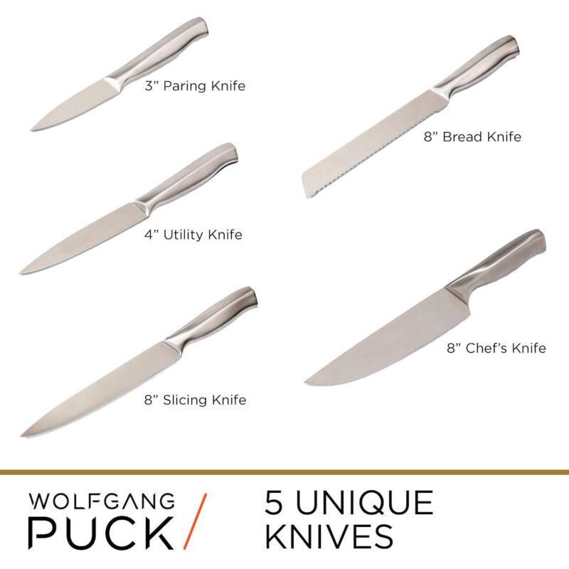 Wolfgang Puck 6-Piece Stainless Steel Knife Set with Knife Block; Carbon Stainless Steel Blades and Ergonomic Handles; Blonde Wood Block with Acrylic Safety Shield; Chef Quality Cutlery and Knife Set - Image 5