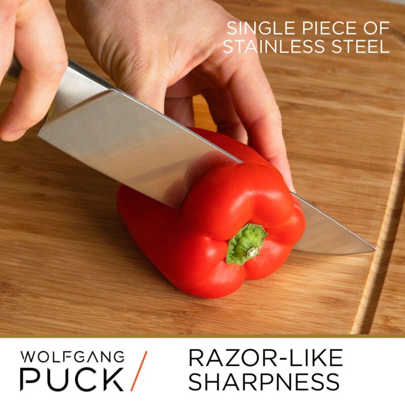 Wolfgang Puck 6-Piece Stainless Steel Knife Set with Knife Block; Carbon Stainless Steel Blades and Ergonomic Handles; Blonde Wood Block with Acrylic Safety Shield; Chef Quality Cutlery and Knife Set - Image 3