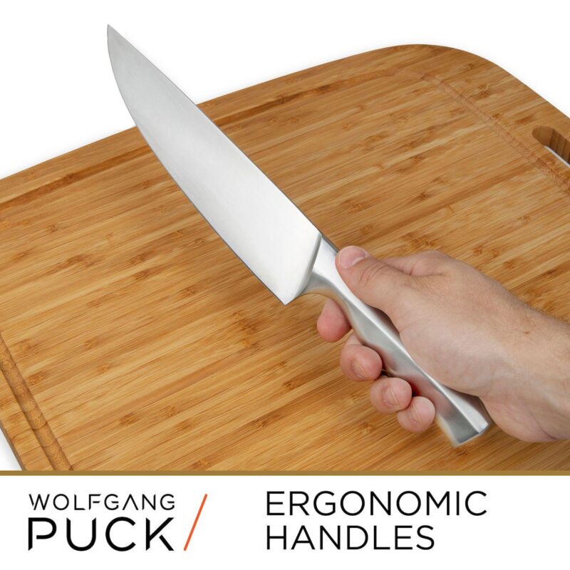 Wolfgang Puck 6-Piece Stainless Steel Knife Set with Knife Block; Carbon Stainless Steel Blades and Ergonomic Handles; Blonde Wood Block with Acrylic Safety Shield; Chef Quality Cutlery and Knife Set - Image 4