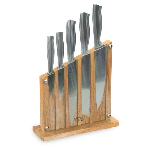 Wolfgang Puck 6-Piece Stainless Steel Knife Set with Knife Block; Carbon Stainless Steel Blades and Ergonomic Handles; Blonde Wood Block with Acrylic Safety Shield; Chef Quality Cutlery and Knife Set