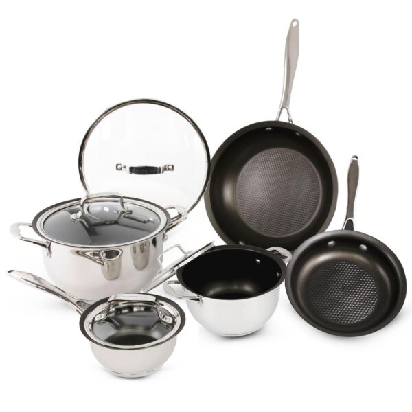 Wolfgang Puck 9-Piece Stainless Steel Cookware Set; Scratch-Resistant Non-Stick Coating; Includes Pots, Pans and Skillets; Clear Lids and Cool Touch Handles, Extra-Wide Rims for Easy Pouring