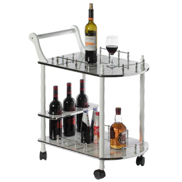 Wood Serving Bar Cart Tea Trolley with 2 Tier Shelves and Rolling Wheels