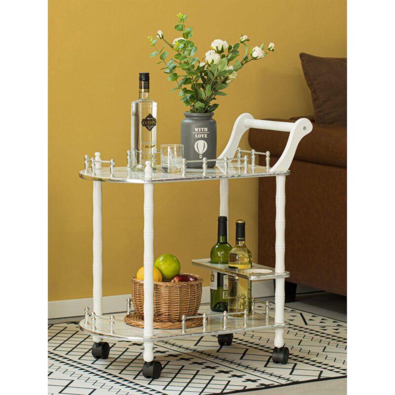 Wood Serving Bar Cart Tea Trolley with 2 Tier Shelves and Rolling Wheels - Image 2