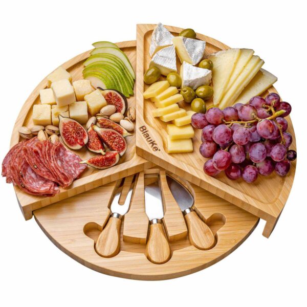 Wooden Cheese Board and Knife Set - 14 Inch Swiveling Charcuterie Board with Slide-Out Drawer