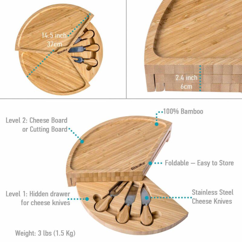 Wooden Cheese Board and Knife Set - 14 Inch Swiveling Charcuterie Board with Slide-Out Drawer - Image 2