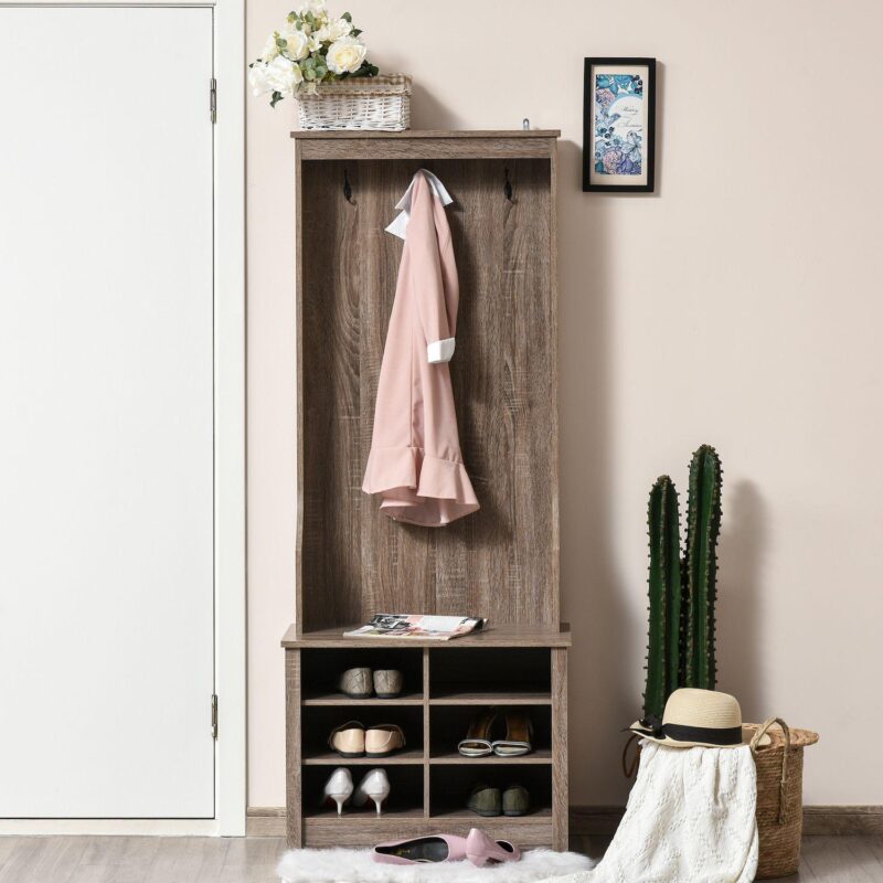 Wooden Entryway Coat Rack With Hook, Single Shelf, And Cube Storage, Brown - Image 2