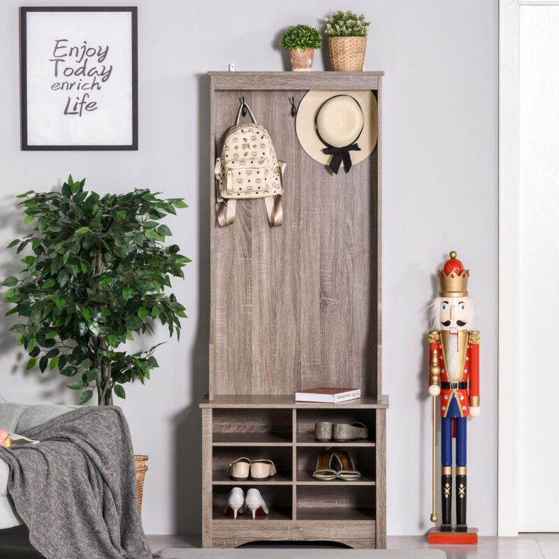 Wooden Entryway Coat Rack With Hook, Single Shelf, And Cube Storage, Brown - Image 3