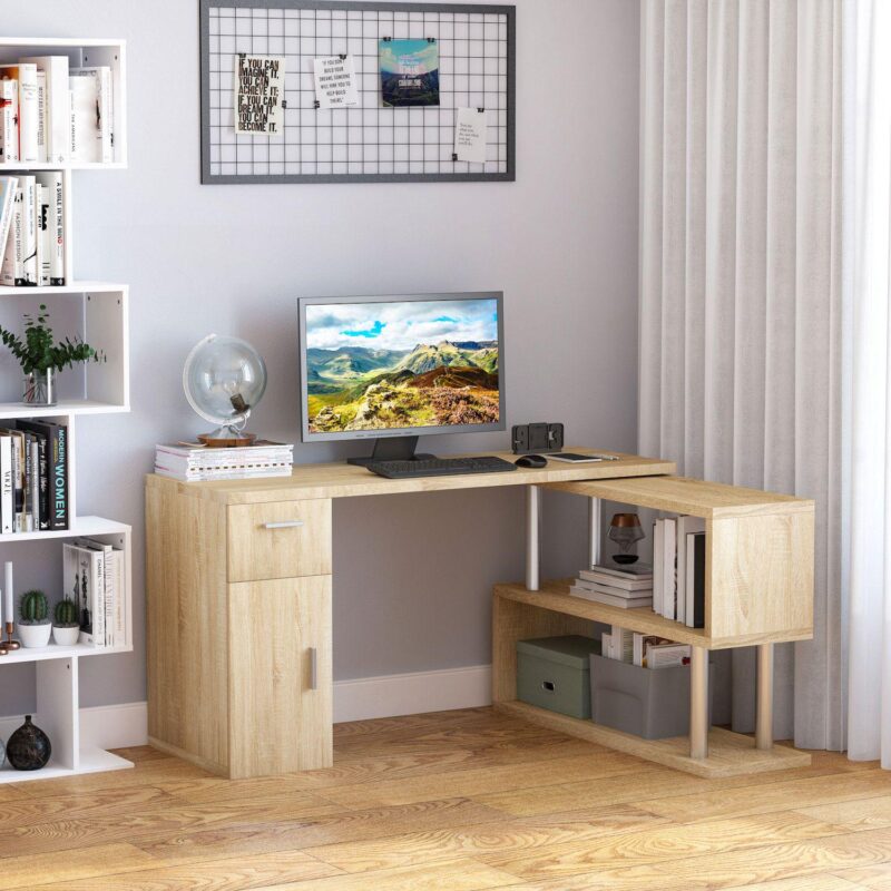Wooden L-shaped Home Office Pc Desk W/adjustable Swivel Shelving, Natural Wood - Image 3