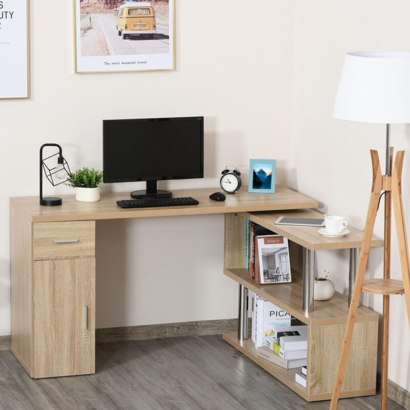 Wooden L-shaped Home Office Pc Desk W/adjustable Swivel Shelving, Natural Wood - Image 2