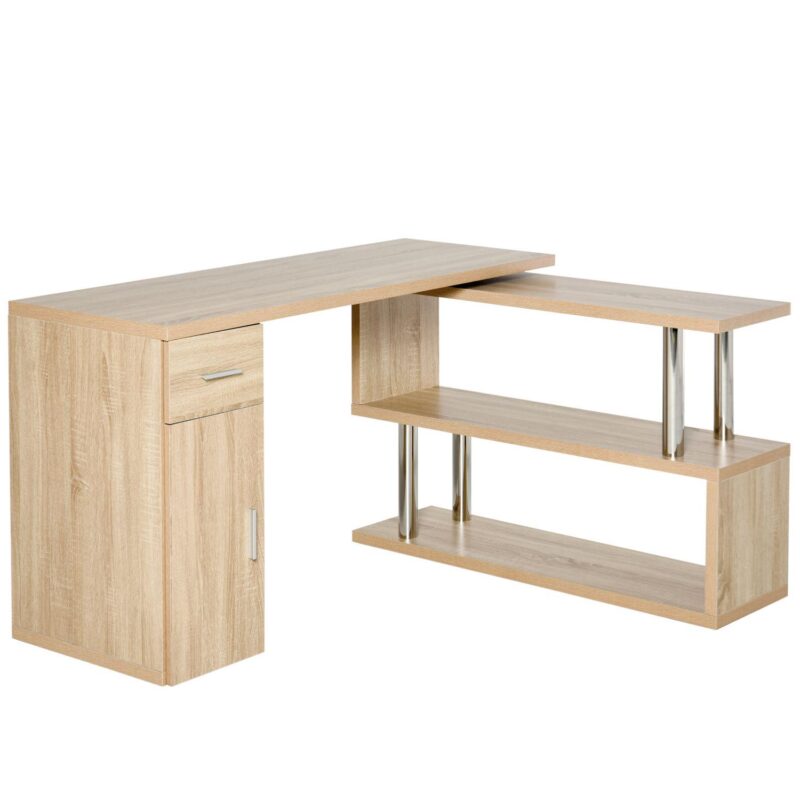 Wooden L-shaped Home Office Pc Desk W/adjustable Swivel Shelving, Natural Wood - Image 5