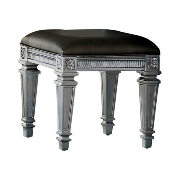 Wooden Vanity Stool wit Leatherette Seat and Faux Crystal Accents, Gray