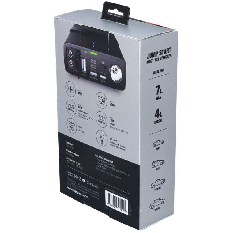 YADA Power Bank Pro, 60W USB-C, Car Battery Jump Starter, 10W Wireless Charger, 18W USB-A, 10000mAH. - Image 11