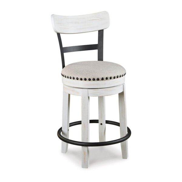 Zane 25 Inch Swivel Counter Height Stool, Round Cushioned Seat, White Wood