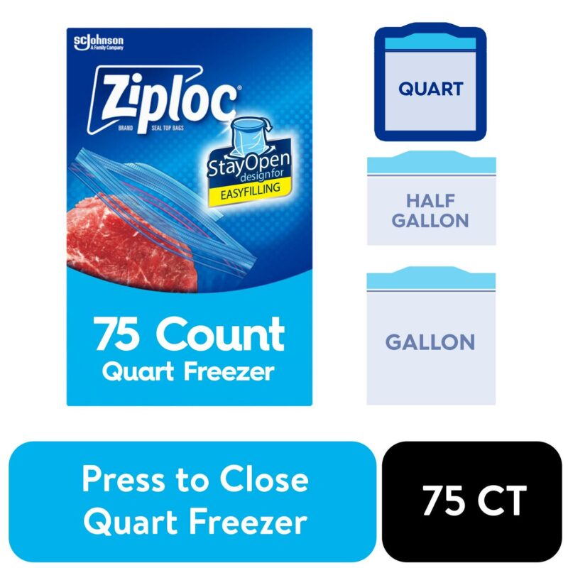 Ziploc Brand Freezer Bags, with Grip 'n Seal Technology, Quart, 75 Count
