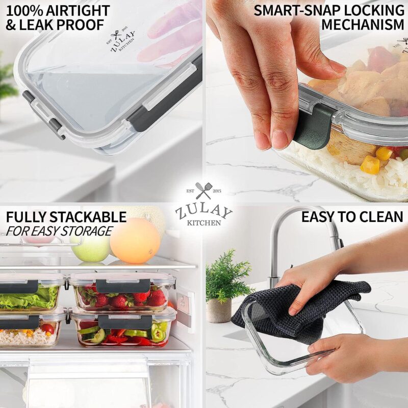 Zulay Kitchen 5 Pack Leak-Proof Glass Food Storage Containers - Image 5