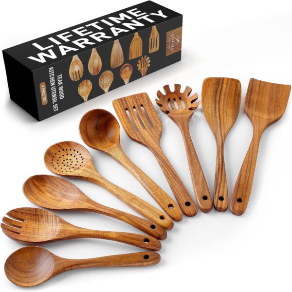 Zulay Kitchen 9-Piece Teak Wooden Utensils for Cooking