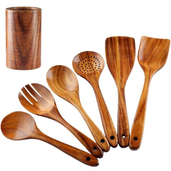 Zulay Kitchen Premium 7-Piece Wooden Spoons for Cooking - Smooth Finish Teak Wooden Utensils