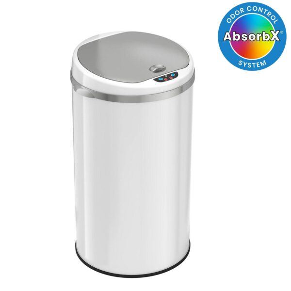 iTouchless 8 Gallon Round Matte White Steel Sensor Trash Can with Deodorizer