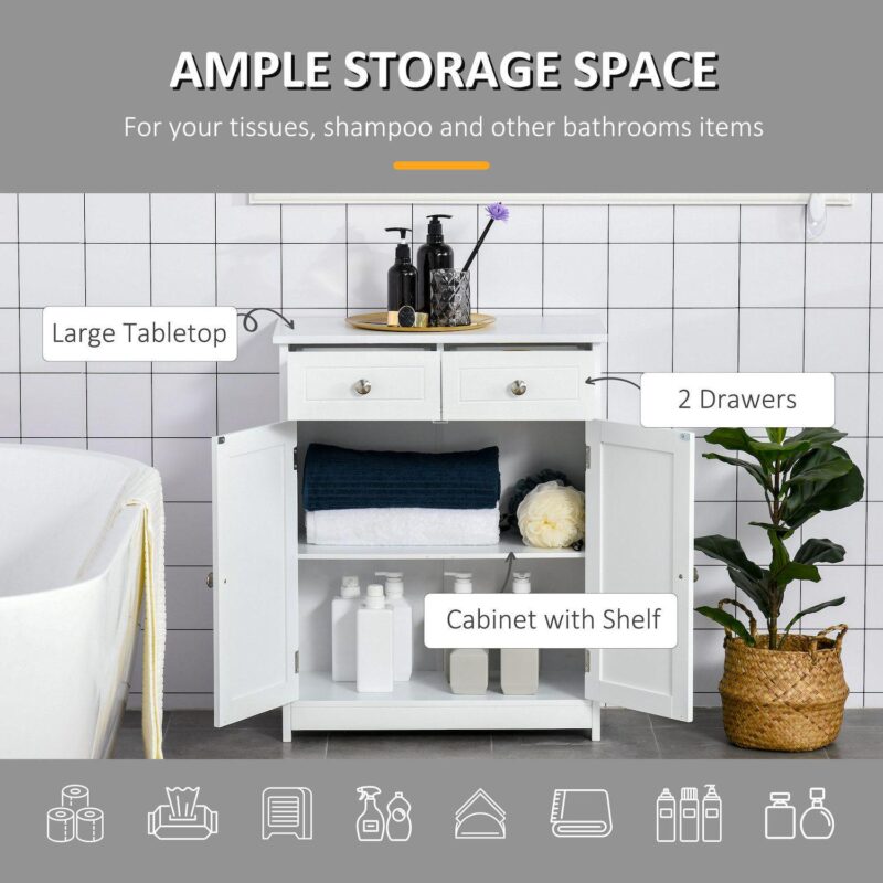 kleankin Freestanding Bathroom Storage Cabinet Organizer Floor Tower with 2 Door, 2 Drawers, Adjustable Shelf, White - Image 5