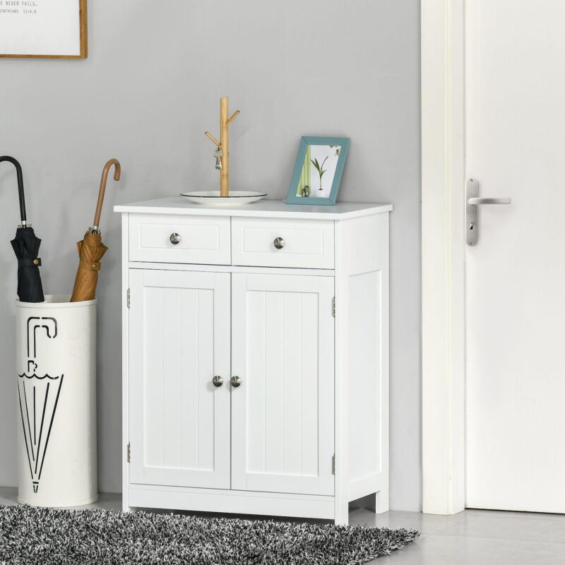 kleankin Freestanding Bathroom Storage Cabinet Organizer Floor Tower with 2 Door, 2 Drawers, Adjustable Shelf, White - Image 4