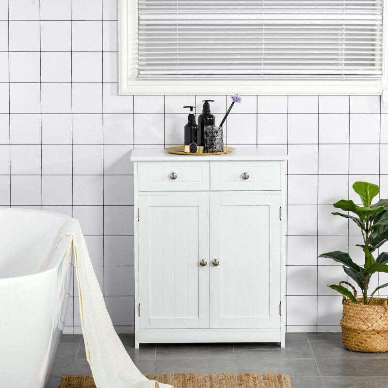 kleankin Freestanding Bathroom Storage Cabinet Organizer Floor Tower with 2 Door, 2 Drawers, Adjustable Shelf, White - Image 2
