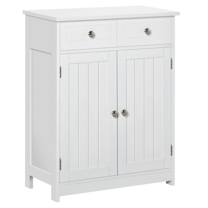 kleankin Freestanding Bathroom Storage Cabinet Organizer Floor Tower with 2 Door, 2 Drawers, Adjustable Shelf, White