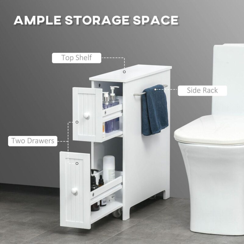 kleankin Slim Bathroom Cabinet, Freestanding Storage Cabinet, Toilet Paper Holder with Two Drawers, Side Towel Rack, and Wheels, 7 x 20.5 x 24.75 Inches, White - Image 4