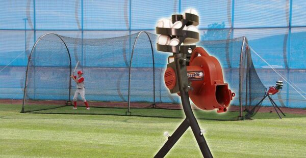 Heater BaseHit Baseball Pitching Machine and Xtender 24' Batting Cage