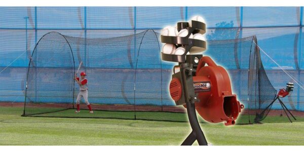 Heater BaseHit Baseball Pitching Machine and PowerAlley 20' Batting Cage