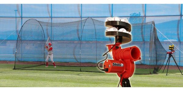 Heater Slider Lite-Ball Baseball Pitching Machine and PowerAlley 20' Batting Cage