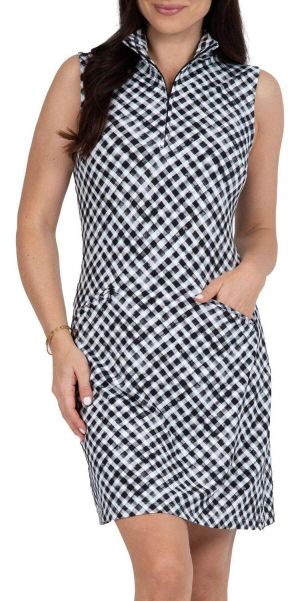 IBKUL Women's Gingham Check Print Sleeveless Mock Golf Dress