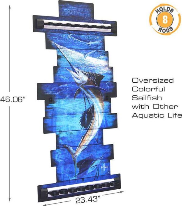 Rush Creek Guy Harvey Sailfish Fishing Wall Storage Rack 8 Rod Holder