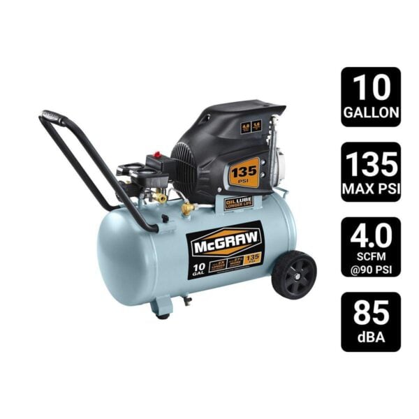 10 Gallon, 135 PSI Oil-Lube Horizontal Shop/Auto Air Compressor