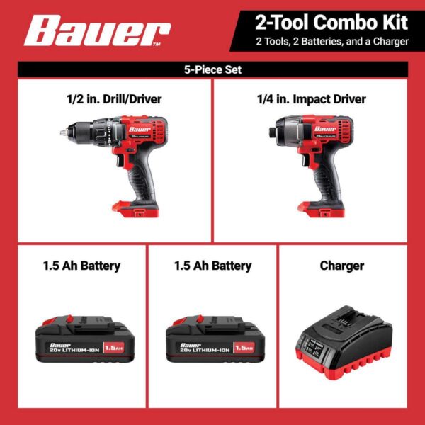 20V, 2-Tool Cordless Drill and Impact Driver Kit with (2) 1.5 Ah Batteries and Charger