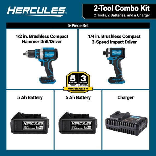 20V Brushless Cordless Hammer Drill and Impact Driver 2-Tool Combo Kit with (2) 5 Ah Batteries and Charger