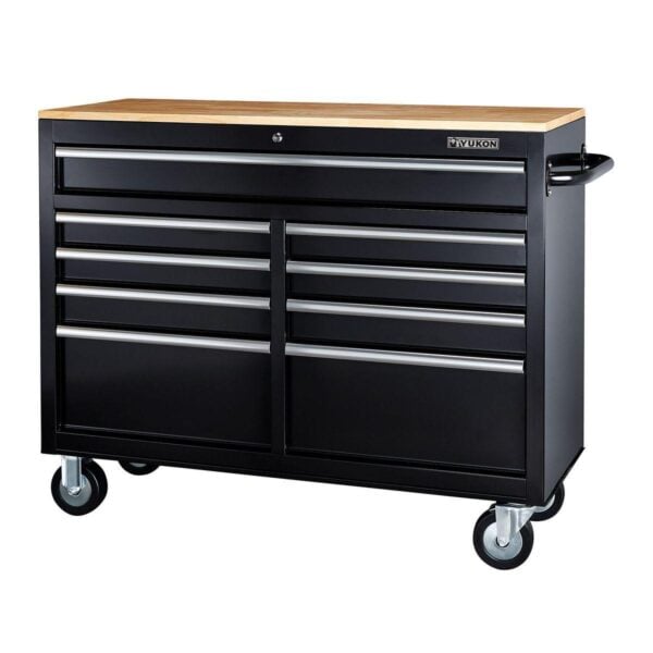 46 in., 9-Drawer Mobile Storage Cabinet with Solid Wood Top, Black