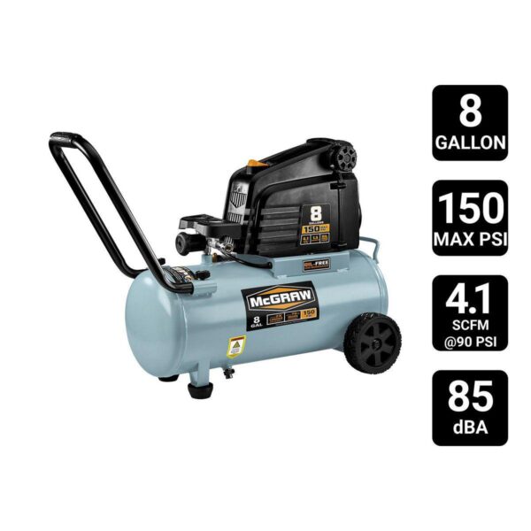 8 Gallon, 150 PSI Oil-Free Horizontal Shop/Auto Air Compressor