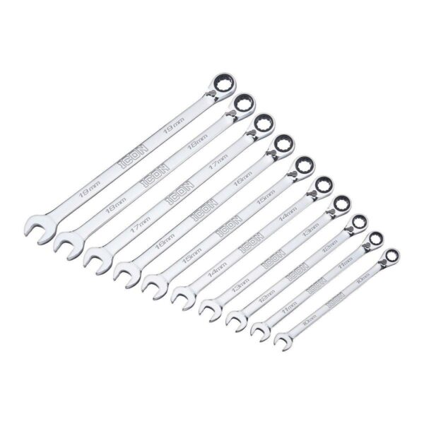 Anti-Slip Grip Professional Metric Ratcheting Combination Wrench Set, 10-Piece