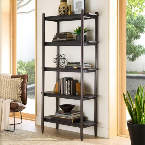 Better Homes and Gardens Springwood 5 Shelf Bookcase with Solid Wood Frame, Charcoal Finish