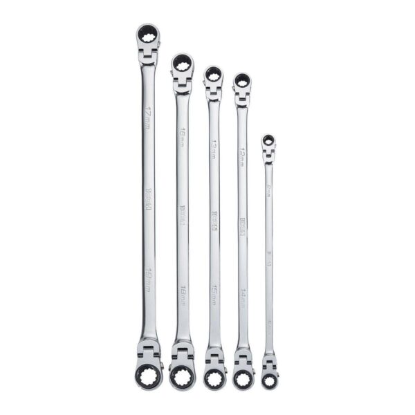 Extra Long Professional Double Box Flex Ratcheting Wrench Set, 5-Piece