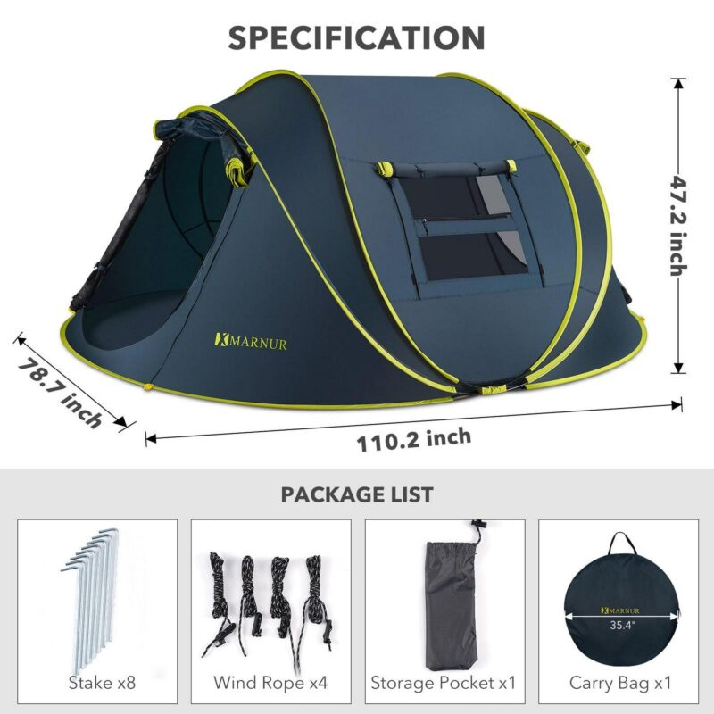 MARNUR Instant Tent 4-Person Camp Tent, Auto Setup Pop Up Tent, Waterproof, Huge Door and Windows, Dark Blue - Image 4