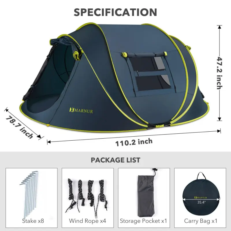 MARNUR Instant Tent 4-Person Camp Tent, Auto Setup Pop Up Tent, Waterproof, Huge Door and Windows, Dark Blue - Image 4