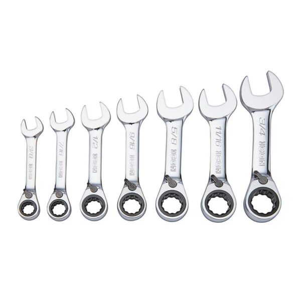 Professional Stubby SAE Ratcheting Combination Wrench Set, 7 Piece