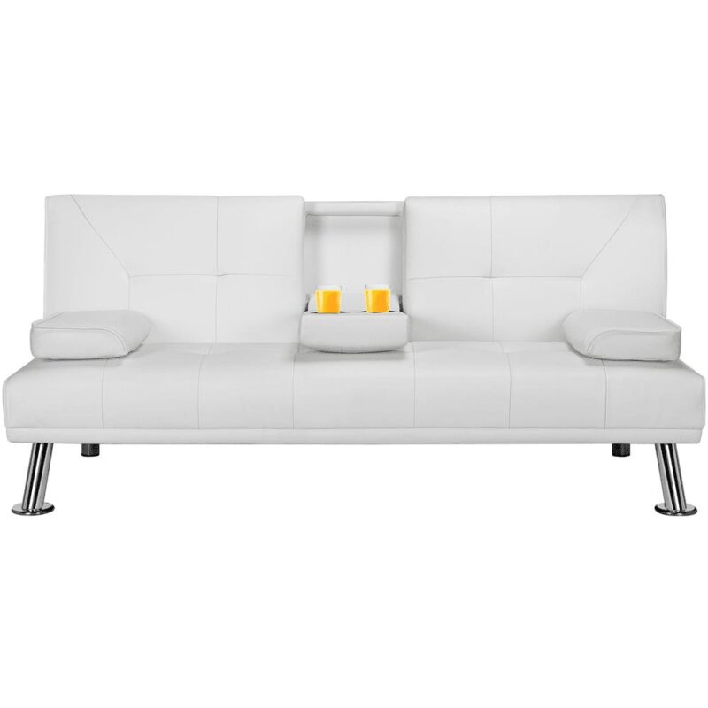 Renwick LuxuryGoods Modern Faux Leather Futon with Cupholders and Pillows, White - Image 2