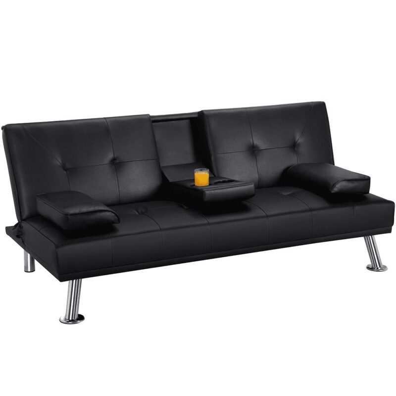 Renwick LuxuryGoods Modern Faux Leather Futon with Cupholders and Pillows, Black - Image 8