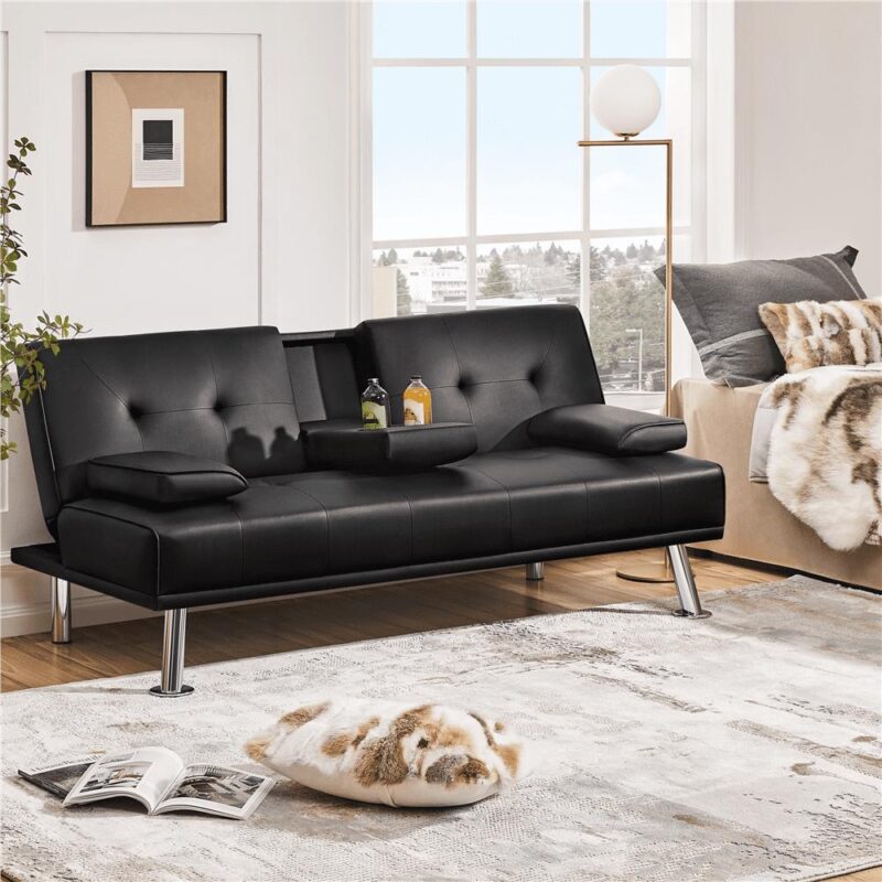 Renwick LuxuryGoods Modern Faux Leather Futon with Cupholders and Pillows, Black - Image 3