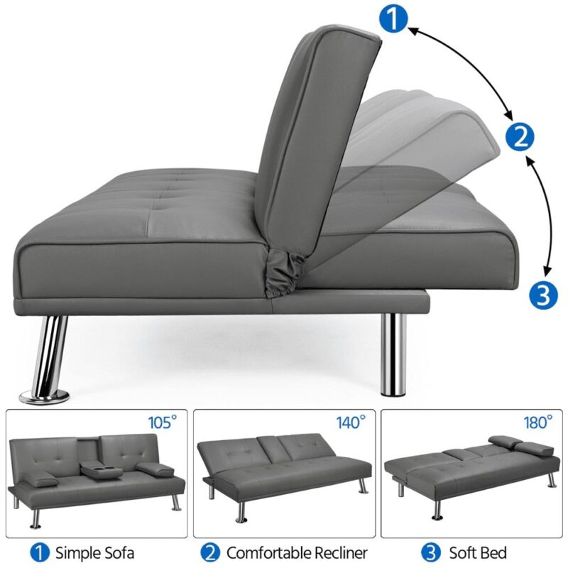 Renwick LuxuryGoods Modern Faux Leather Futon with Cupholders and Pillows, Gray - Image 5